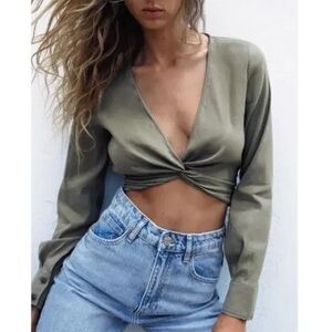 Zara Green Twist Front Tie Back Crop Top Sz Lg